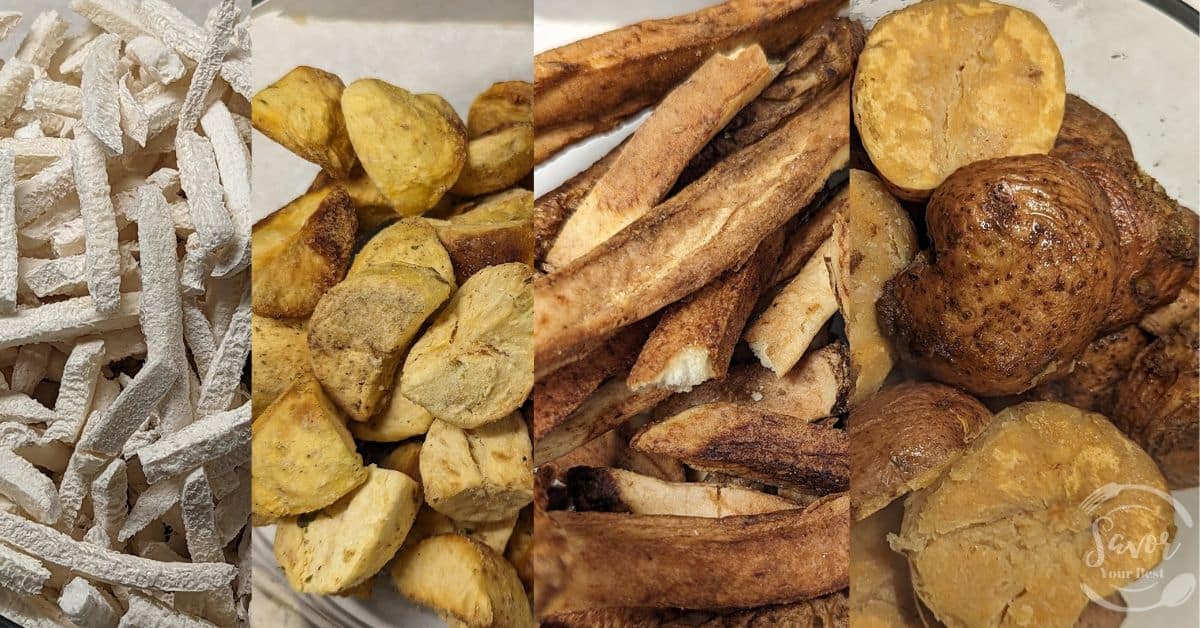 Up close picture of freeze dried raw potatoes, freeze dried roasted potatoes, freeze dried french fries and freeze dried halved potatoes in gravy.