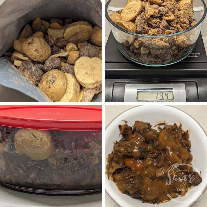 Grid of 4 photos showing freeze dried food rehydration. In top left freeze dried beef stew in open mylar bag. Top right freeze dried beef stew on scale with total 13.4 oz. Bottom left freeze dried beef stew submerged in water in covered Pyrex bowl. Bottom right Bowl of rehydrated beef stew,