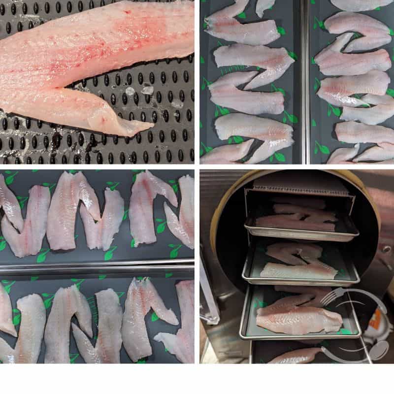 A grid of four photos. Top Left a fillet of fish. Top right and bottom left many fillets of fish on harvest right freeze dryer trays and in bottom right 4 trays of loaded in a freeze dryer