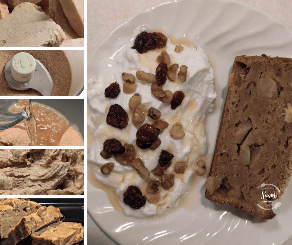 Healthy baking with freeze dried applesauce. Apple bread and yogurt on the right with 5 pictures of freeze dried applesauce in stages. First  in freeze dried squares then powdered, then being rehydrated and mixed in quick bread dough then a full loaf of apple quick bread.