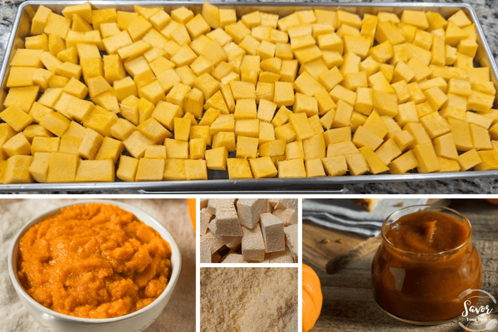 how to make pumpkin puree from freeze dried pumpkin. Pictures of diced fresh raw pumpkin, and freeze dried chunks and freeze dried pumpkin powder. And final pictures of pumpkin puree and pumpkin butter