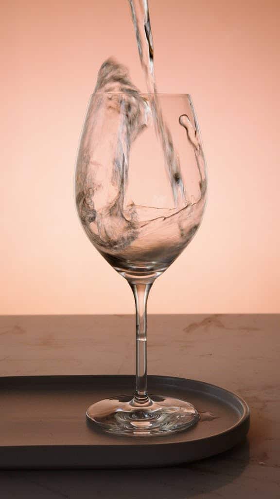 A silhouette of a wine glass with liquid splashing, set against a soft pink background.